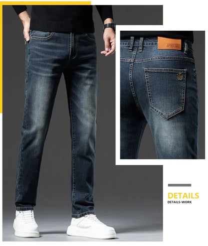 2025 New High-end High-quality Denim Double-core Cotton Elastic Jeans Retro Nostalgic Men's Straight-fit Trousers