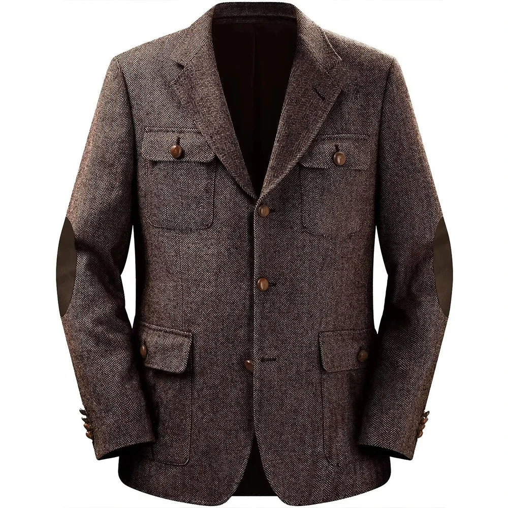 Autumn Winter Multi-Pocket Hunting Jacket Herringbone Tweed Men's Sporty Formal Blazers Suit Vintage Elegance Menswear 2025 NEW