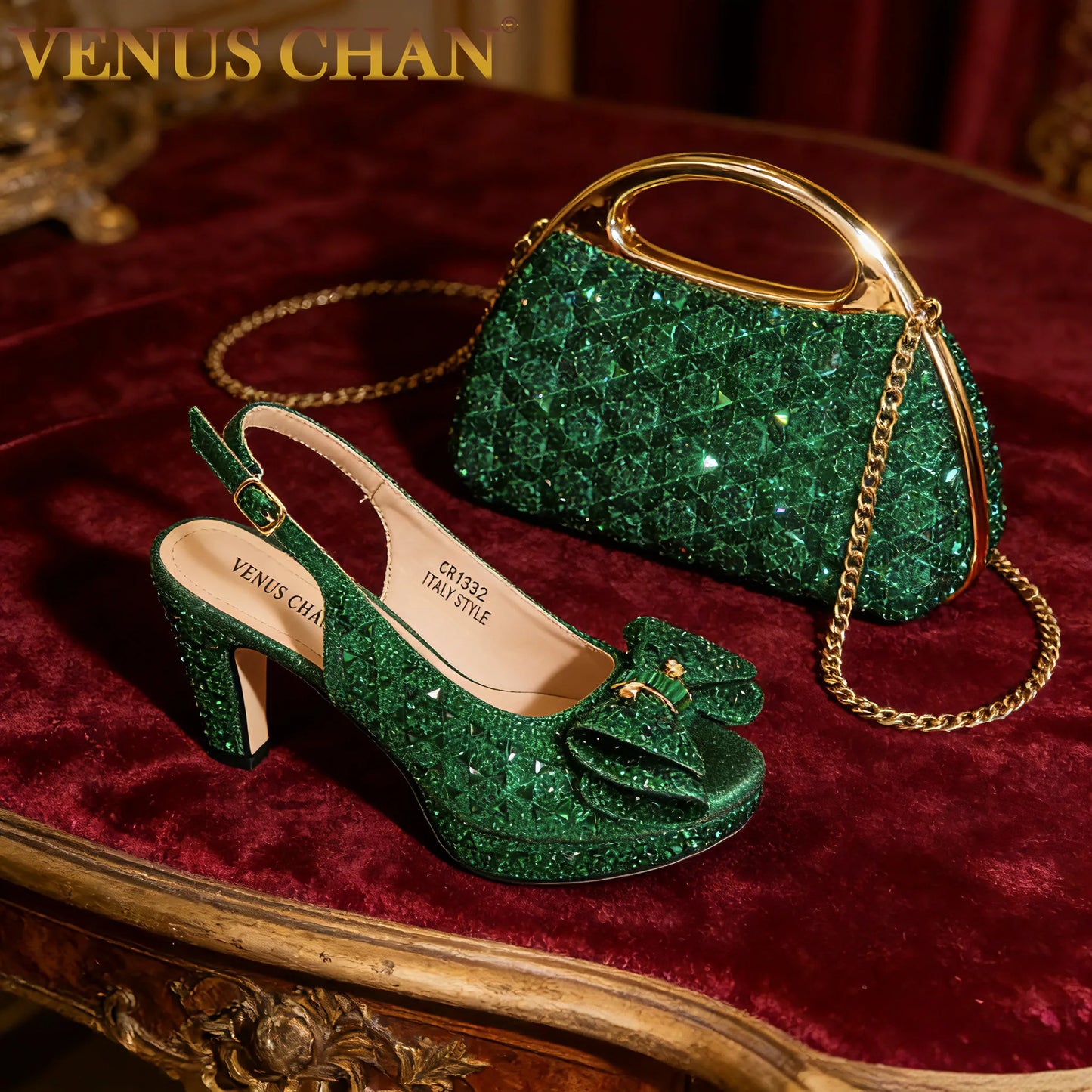 Chic Green Rhinestone Peep-Toe High Heel Sandals and Elegant Matching Bag Set for Women's Parties and Weddings - Italian Design