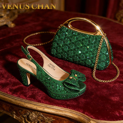 Chic Green Rhinestone Peep-Toe High Heel Sandals and Elegant Matching Bag Set for Women's Parties and Weddings - Italian Design