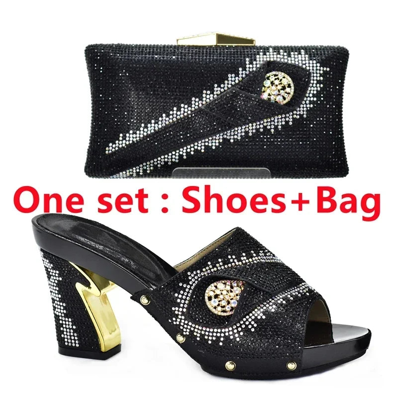 Italian Matching Shoes and Bag Set Decorated with Rhinestone African Shoes and Bag Set for Wedding High Quality Shoes Bag