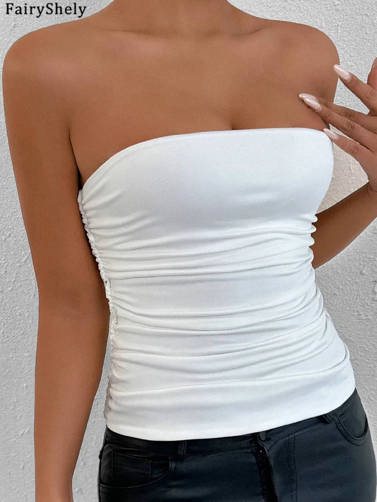 2026 Sexy Summer Solid Strapless Top Women Bandeau Bodycon Tops Lady Sleeveless Off Shoulder Club Party Clothes