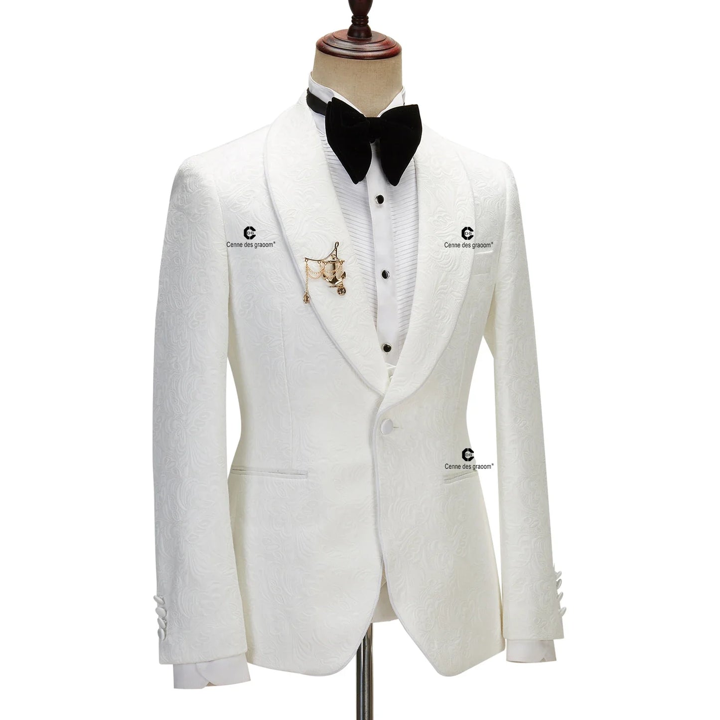 2023 Men's Suit for Wedding Ivory Paisley Jacket Tuxedo Black Pants with Satin Side Stripe Slim Fit Shawl Lapel