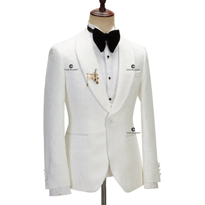 2023 Men's Suit for Wedding Ivory Paisley Jacket Tuxedo Black Pants with Satin Side Stripe Slim Fit Shawl Lapel