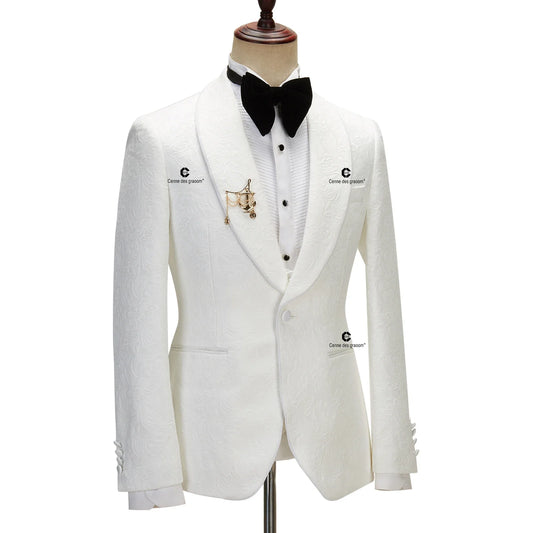 2023 Men's Suit for Wedding Ivory Paisley Jacket Tuxedo Black Pants with Satin Side Stripe Slim Fit Shawl Lapel