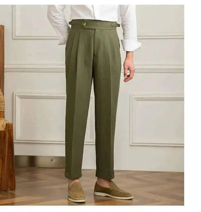 Linen Cotton High Waist Straight Casual Pants Men Versatile Naples Gentleman Pleated Pants High Quality Italian Dress Trousers