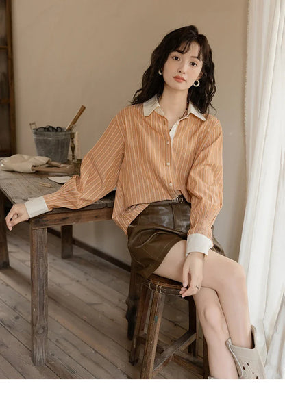 Loose Striped Shirt for Women Autumn 2025 Contrasting Lapel Top Single Breasted Patchwork Shirts Office Lady MXD41C0286