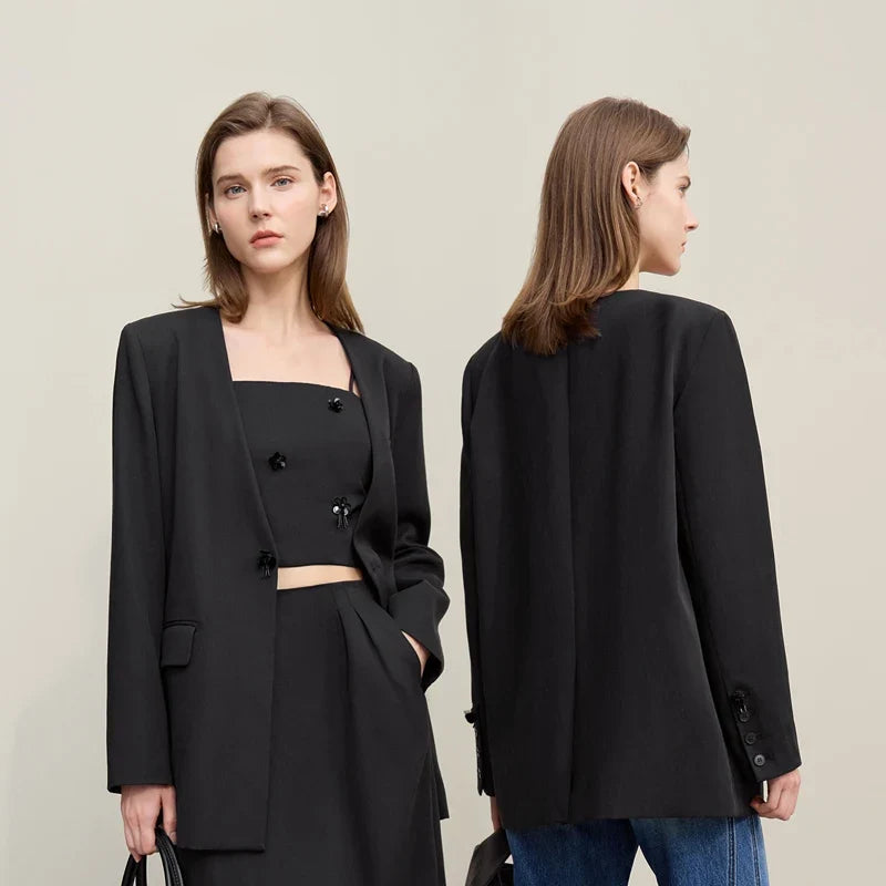 Women's Jacket 2026 Autumn New Bead Sheet Flower V-Neck Women's Blazer Straight Elegant Shoulder Pad Blazers Top 12621026
