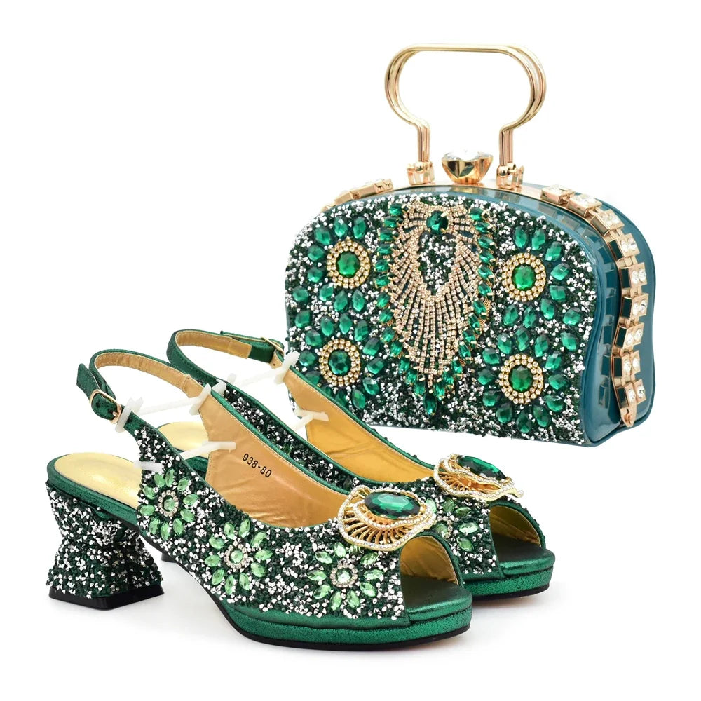 Italian Shoes and Bags Matching Set Decorated with Rhinestone Shoe and Matching Bag for Nigeria Party Wedges Shoes for Women