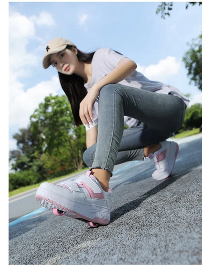 Autumn 2025 Kids Walking Shoes Detachable Double Wheel Roller Skates Boy Leather Student Shoe Four Wheeled Children Shoes Girl