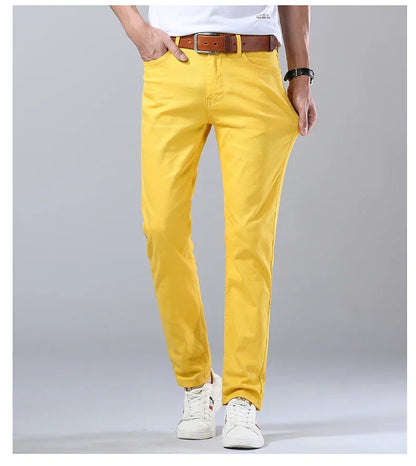 2024 Autumn New Men's Bright Stretch Fit Jeans Trendy Denim Straight-leg Trousers Male Red Lake Blue Yellow Trousers