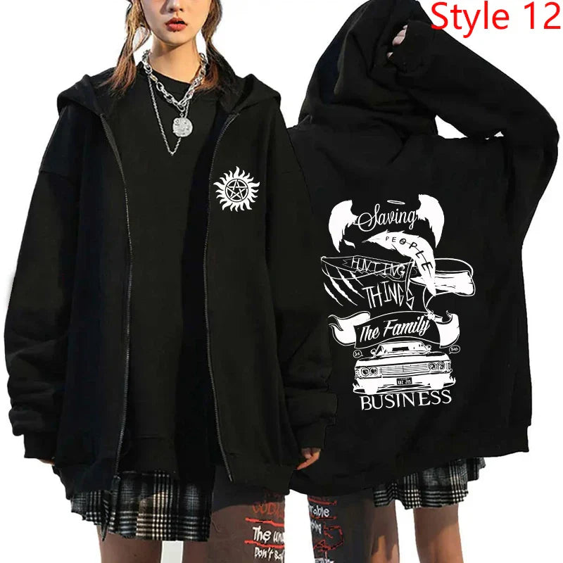 New Supernatural Printed Zipper Hooded Fashion Women Men Sweatshirt Casual Sport Hoodie Personality Zipper Long Sleeve Coat