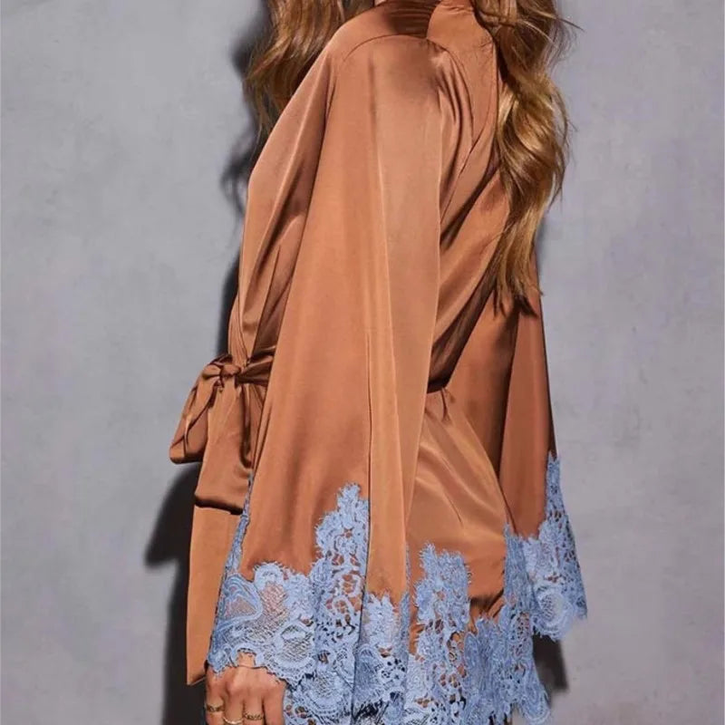 Sexy Chic Brown Lace Satin Womens Dress Spring Deep V Neck Hollow Mini Dress Autumn Long Sleeve Sashes Homewear Night Gown