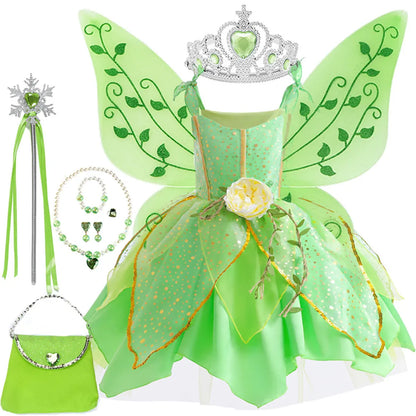 2026 Disney Elf Movie Tinker Bell Girls Play Fairy Dress Green Suspender Skirt With Wings and Flower Christmas Gift for Girls