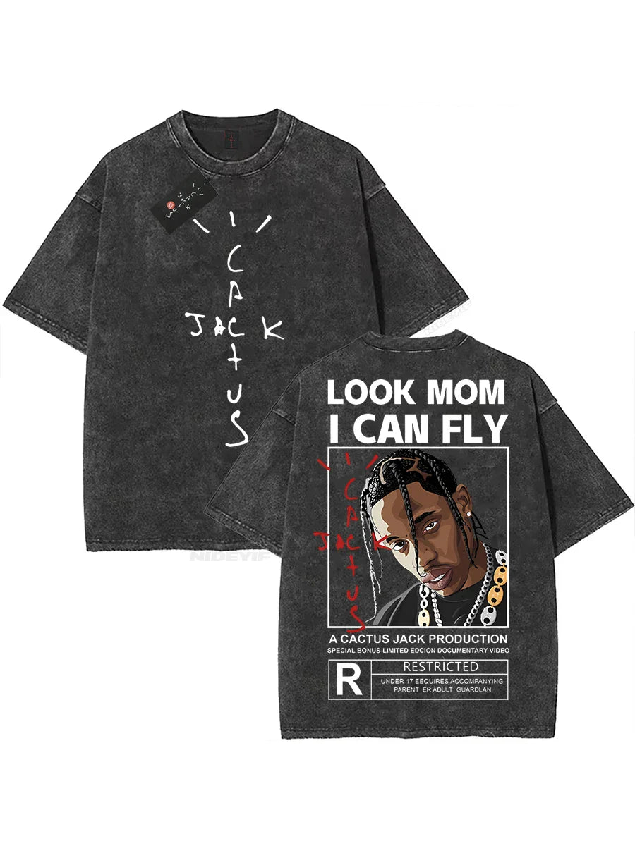 100% Cotton Oversized T Shirt For Men Women HipHop Washed T Shirts cactus jack Short Sleeve Gift Tops look mom i can fly K39