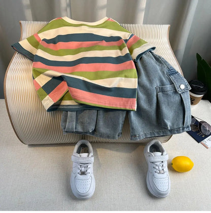 Korean Children's Summer Clothes Kids Set Outfits Boys 2026 Handsome Sleeveless&Short Sleeved T-shirt Denim Shorts 2-piece Set