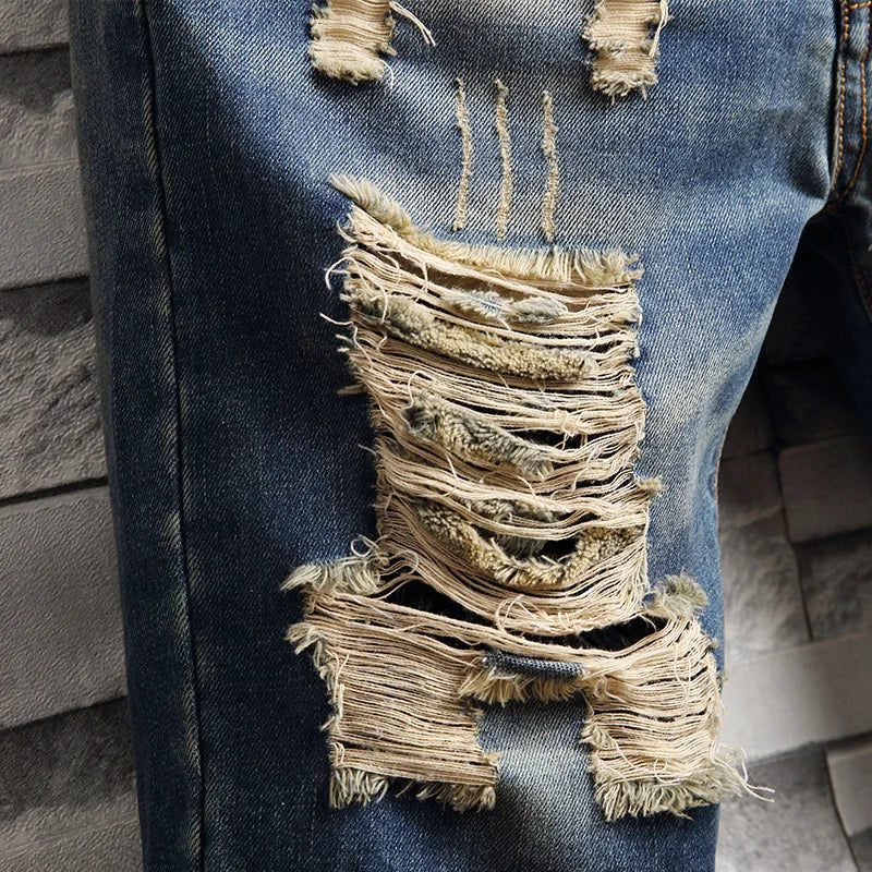 Streetwear Men's Ripped Denim Shorts Straight Slim Fashion Hip Hop Short Pants Big Hole Vintage Knee Length Jeans