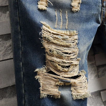 Streetwear Men's Ripped Denim Shorts Straight Slim Fashion Hip Hop Short Pants Big Hole Vintage Knee Length Jeans