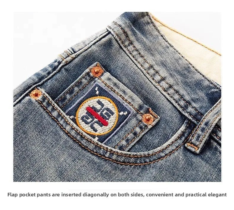 New Washed Light Blue Polished Cargo Jeans Men's Summer American Trendy Brand Small Straight Retro Casual Youth Trousers