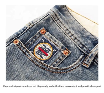 New Washed Light Blue Polished Cargo Jeans Men's Summer American Trendy Brand Small Straight Retro Casual Youth Trousers