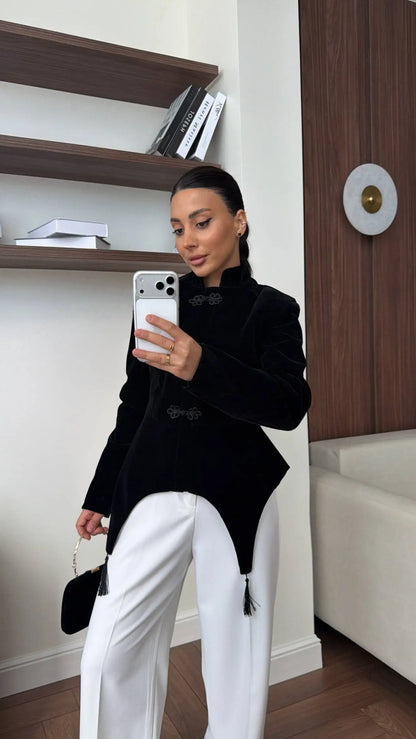 Women's Spring Summer Mandarin Collar Frog Button Velvet Asymmetric Hem Blazer Clubwear 2026 Trendy Feminine Fashion Blazer