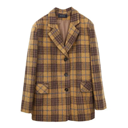 Women's Mid-Length Plaid Wool Coat 2025 Autumn Winter Arrival, Korean Style Warm Blazer, Trendy Yellow Brown Checkered Jacket