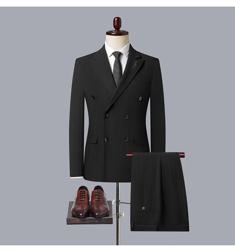 2025 Korean High Quality Double-Breasted British Style Slim Business Suit Two-Piece Set (Suit + Trousers)