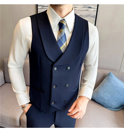 ( Vest+Pants) Autumn Winter Thicken Wool Striped Suit Vest 2 pieces Men Fashion Slim Fit Business Casual Wedding Dress Vest Sets