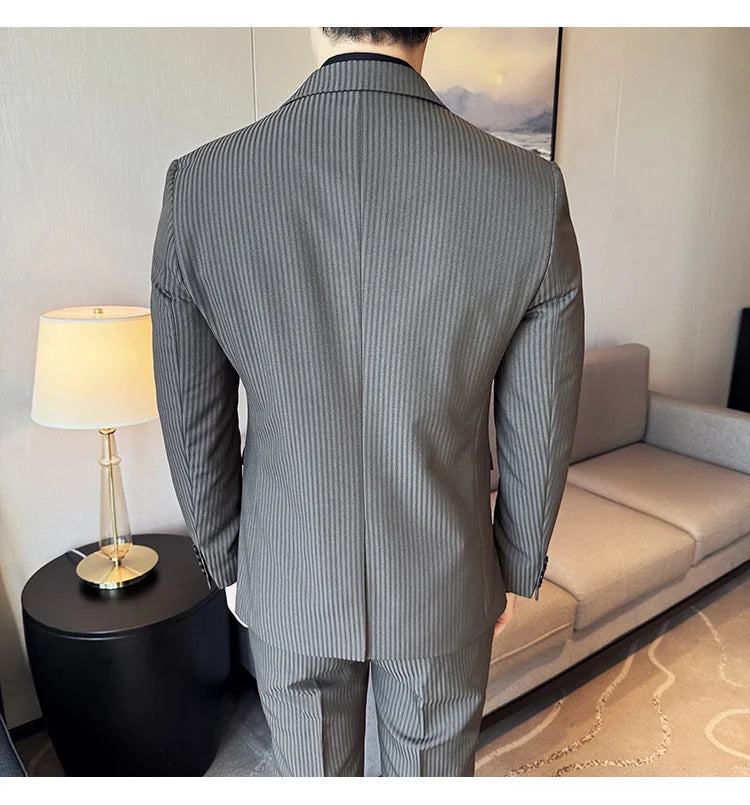 Luxury Stripe Men Suit Korean Version Fashion Elegant Slim Fit Tuxedo Formal Groom Wedding Social Suits