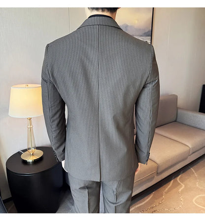 Luxury Stripe Men Suit Korean Version Fashion Elegant Slim Fit Tuxedo Formal Groom Wedding Social Suits
