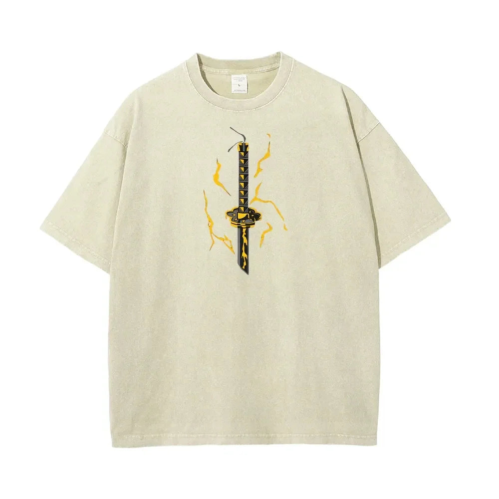Demon Slayer Men's Women's Washed T-Shirt Zenitsu Agatsuma Summer Spring Anime Tee Retro Distressed High Quality Short Sleeve