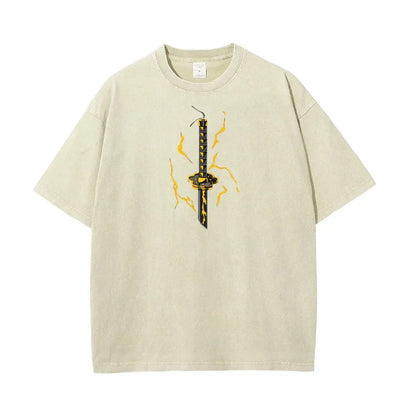 Demon Slayer Men's Women's Washed T-Shirt Zenitsu Agatsuma Summer Spring Anime Tee Retro Distressed High Quality Short Sleeve