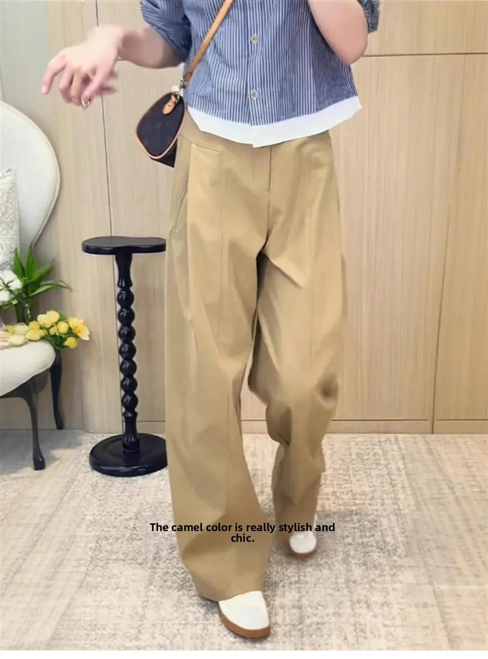 Khaki Casual Pants Women plus Size 200 Pou Loose Straight Leg High Waist Slimming Wide Leg Pants Commute Sle Korean Version
