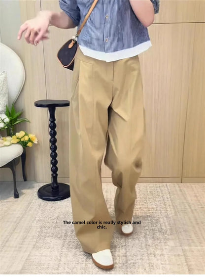 Khaki Casual Pants Women plus Size 200 Pou Loose Straight Leg High Waist Slimming Wide Leg Pants Commute Sle Korean Version