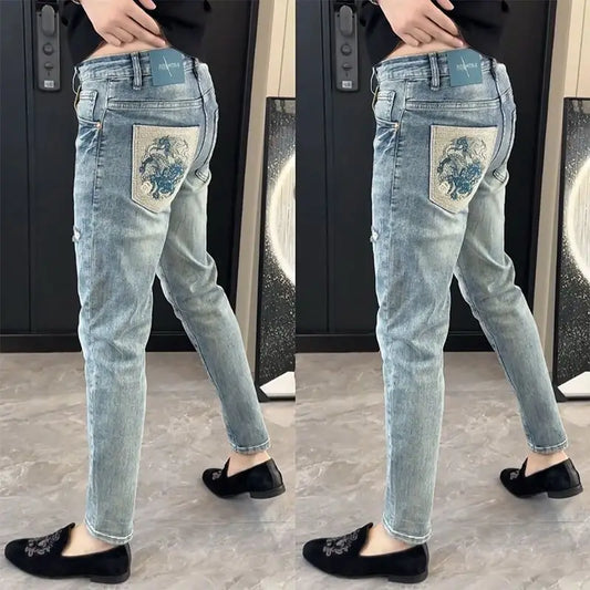 Summer New Slim-fit Men's Jeans Thin Brand Embroidery 2025 Designer Korean Style Clothes Casual Pants Luxury Fashion Pants