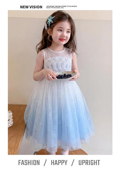 Elsa Princess Dress w/ Cape 2026 New Summer Frozen Cosplay Dresses for Little Girls Birthday Party Sleeveless Mesh Evening Dress
