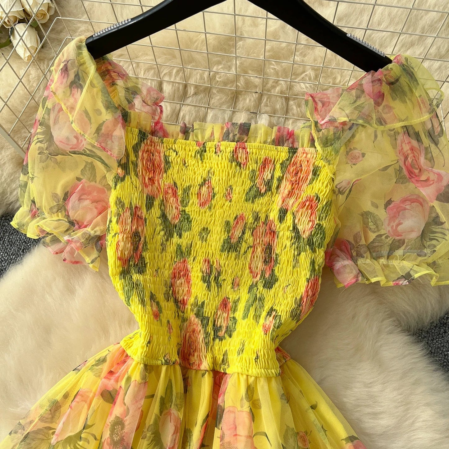 Retro Floral Chiffon Dr Women's Waist Cinched Bubble Sve Me Skirt Tea Break Gentle Soft Sle Korean High Waist A-Lin...