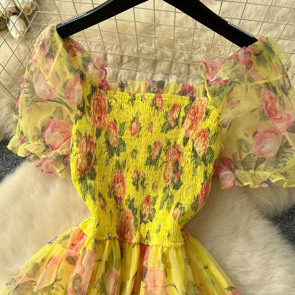 Retro Floral Chiffon Dr Women's Waist Cinched Bubble Sve Me Skirt Tea Break Gentle Soft Sle Korean High Waist A-Lin...