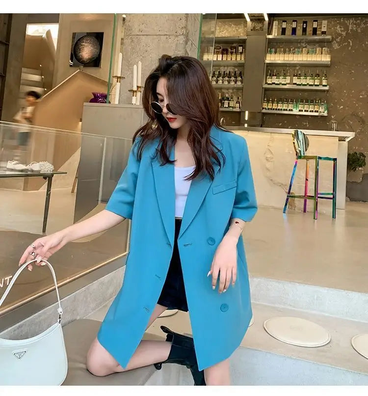 Korean Fashion Loose Thin Blazer Women Spring Autumn New Extra Large Mid Length Short Sleeved Women Coat Casual Outwear