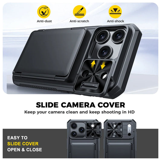 Halloween Gifts With Card Holder Sliding Camera Cover And Stand For iPhone 17 Pro Case,Anti-Fall PC+TPU Wallet Case-Black