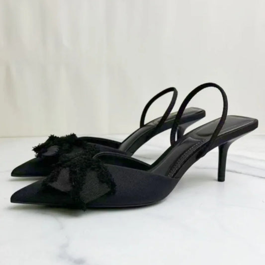 2025 Summer Women Slingback Shoes Black Bow Decoration Pointed Toe High Heels Formal Business Stiletto Female Party Sandals