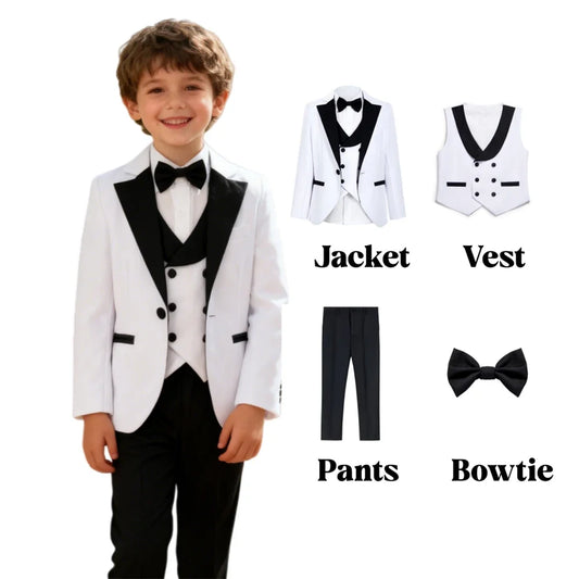 Brand Suit Set for Boys 3-14 Yrs, Classic Black Collar Suit Jacket Vest Pants Bowtie Set, Communion Party Suits Toddler