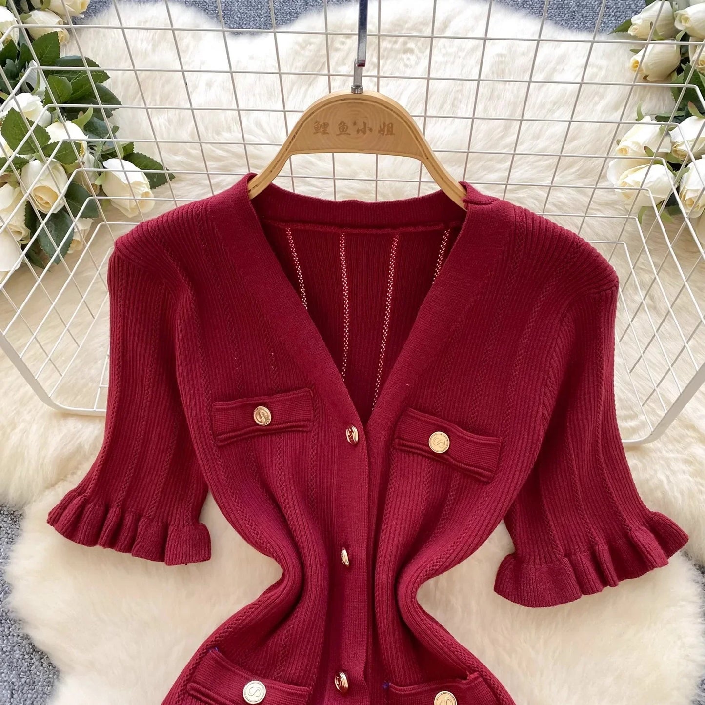 Brand Fashion Vintage Knitted Long Dress Spring Summer Women Elegant V-neck Ruffled Bodycon Sweater Dress Party Vestido