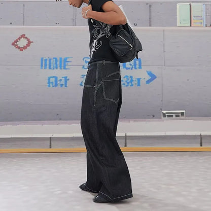 Street Retro Men's Jeans Straight Leg Pants Airplane Buckle Baggy Silhouette Curved Knife Jeans High Waisted Casual Denim Pants