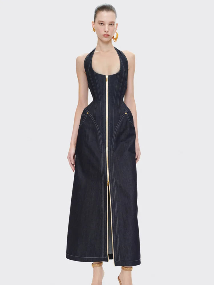 2025 New Women Celebrity Sexy Backless Halter Blue Zipper Denim Maxi Long Gowns Dress Elegant Evening Party Club Vestido