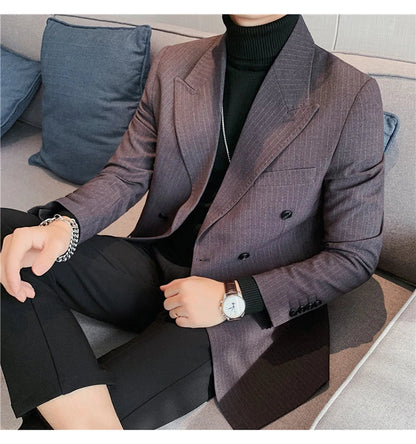 Classic Luxury Striped Men Suit Jacket Fashion Double Breasted Business Office Wedding Tuxedos Male High Quality Slim Fit Blazer