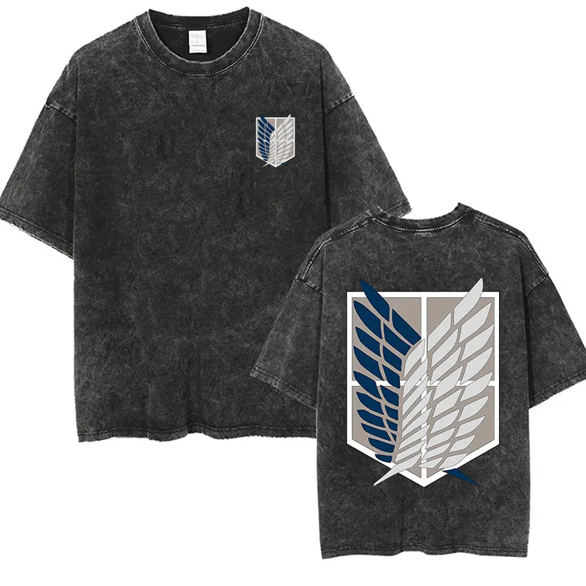 Anime Attack on Titan Vintage Washed Print T-shirt Mikasa Ackerman Eren Jaeger Wings of Freedom Logo Mens Summer Cotton T-shirts
