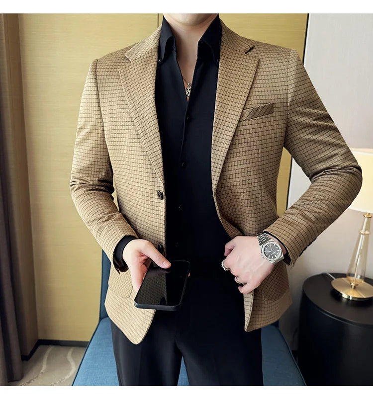 British Style Plaid Suit Jacket For Men 2025 New Business Casual Slim Blazer Formal Wedding Party Suit Dress Coats Men Clothing