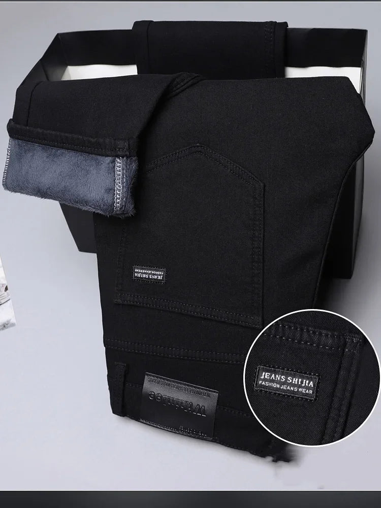Men New Winter Classics Fleece Thick Warm Jeans Men's Loose Straight Elastic Denim Pants Casual Plush Trousers Large Size 28-40