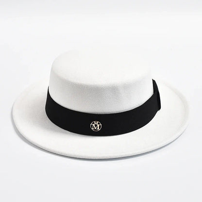 British Style Fedora Hats for Women Fashion Autumn Winter Flat Top Bow Elastic Ribbon Felt Hats Wedding Dress Jazz Cap